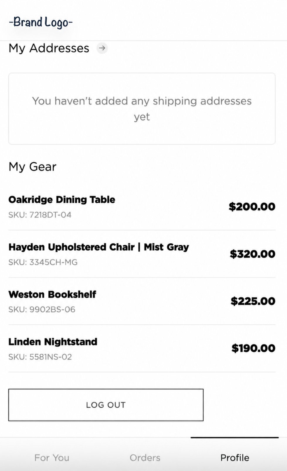 Example of the My Gear section in the Rivo Accounts widget, showing registered products with name, SKU, and price.