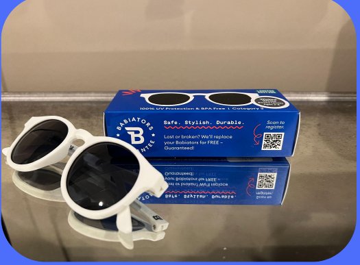 Babiators sunglasses box with a QR code and a clear CTA on the side panel