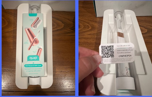 Quip toothbrush tray with a QR code card next to the product