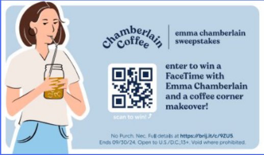 Chamberlain Coffee sweepstakes sticker with a QR code