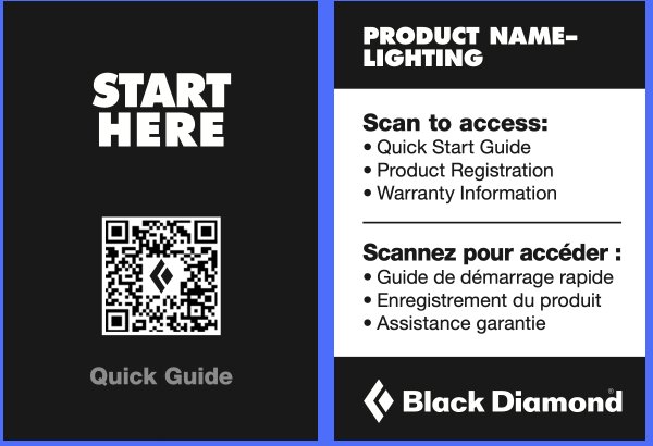 Black Diamond quick guide with a Start Here QR code in English and French