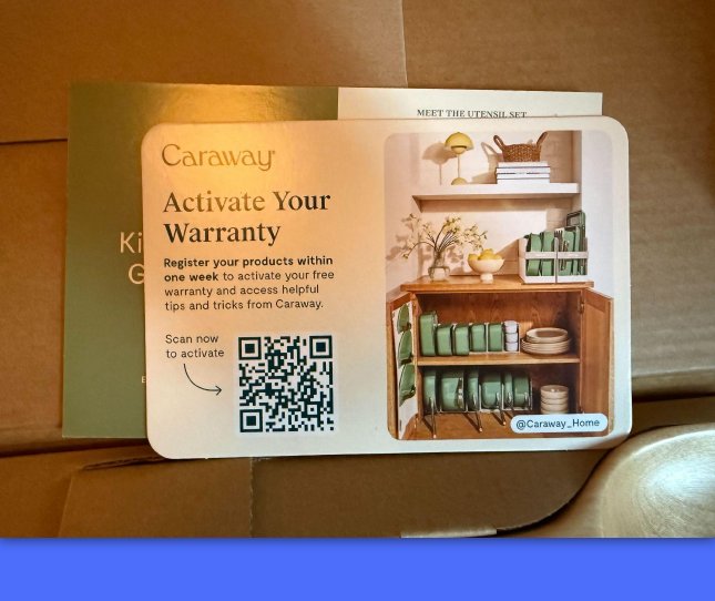 Caraway insert card that asks the shopper to activate their warranty