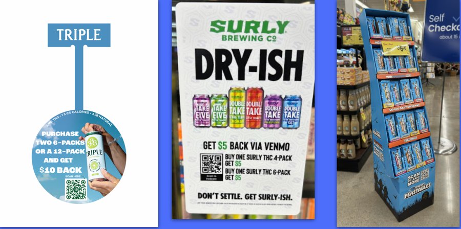 In-store examples: a shelf wobbler, a rebate sign, and a floor display