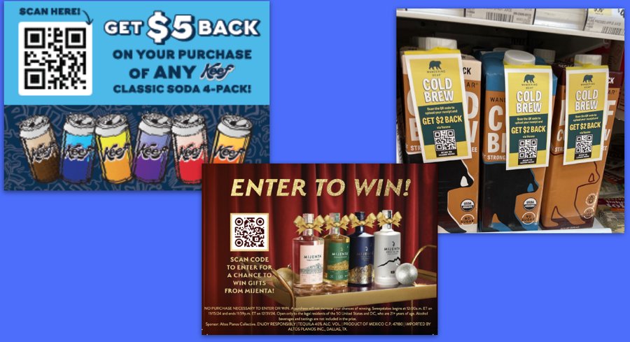 In-store examples: rebate signs and a sweepstakes sign with QR codes