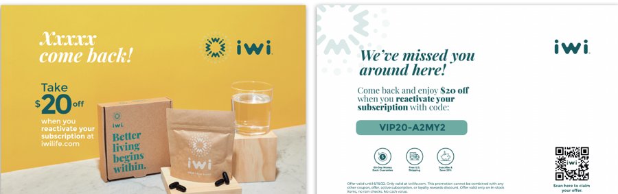 iwi life win-back mailer with a QR code and an offer