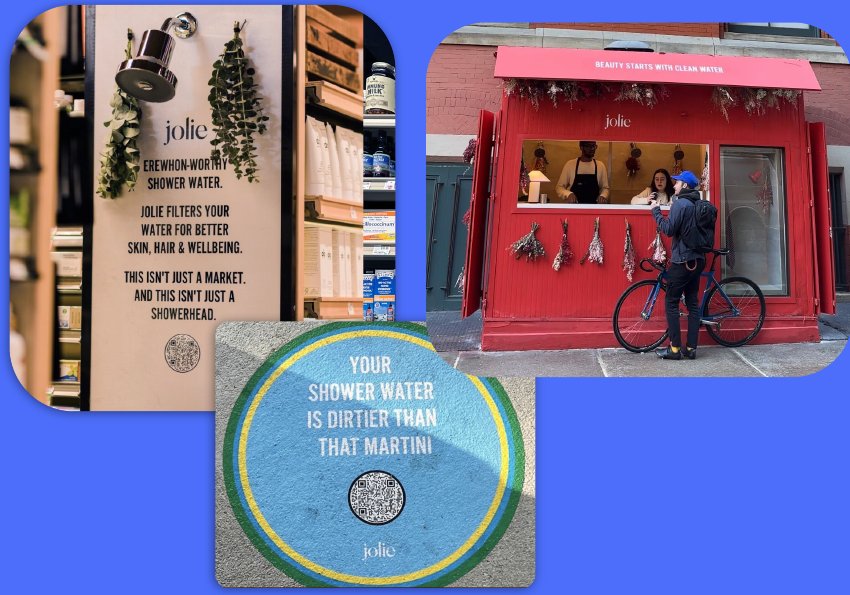 Jolie in-store display, pop-up shop, and floor sticker with QR codes